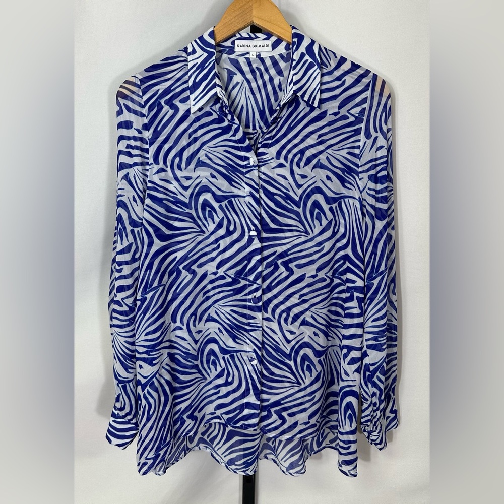 KARINA GRIMALDI Silk Olivia Print Top in Blue Zebra
